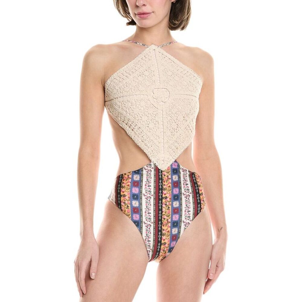 Agua Bendita Beige Crochet and Multicolor Striped One Piece